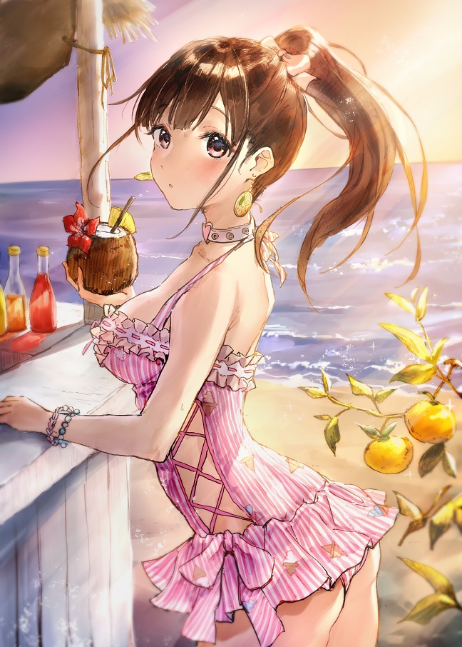 1girl :o ass bangs bare_shoulders beach blush bottle bow bracelet breasts brown_hair casual_one-piece_swimsuit choker coconut commentary_request cowboy_shot cup earrings evening flower frilled_swimsuit frills from_side gradient_sky hair_bow heart heart_choker hibiscus holding holding_cup horizon idolmaster idolmaster_shiny_colors jewelry light_rays long_hair looking_at_viewer looking_to_the_side medium_breasts ocean one-piece_swimsuit parted_lips pink_bow ponytail red_eyes sky solo sonoda_chiyoko striped sunbeam sunlight swimsuit takeashiro vertical-striped_swimsuit vertical_stripes water white_choker