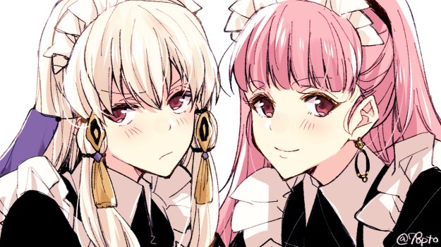 2girls closed_mouth earrings fire_emblem fire_emblem:_three_houses hair_ornament hilda_valentine_goneril jewelry long_hair lysithea_von_ordelia maid maid_headdress multiple_girls naho_(pi988y) pink_eyes pink_hair ponytail simple_background smile twitter_username upper_body white_background white_hair