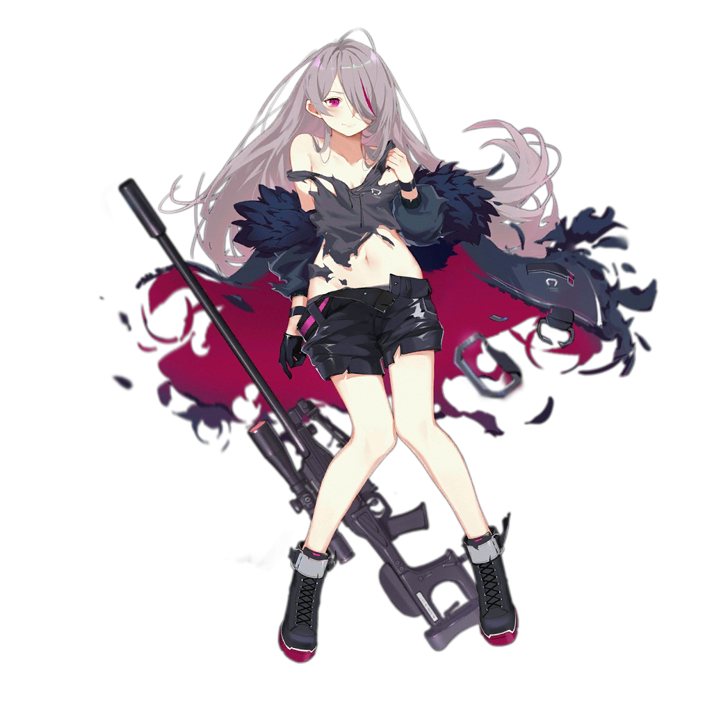 1girl bangs bare_shoulders black_footwear black_gloves black_shorts blush boots breasts coat cross-laced_footwear earphones feather-trimmed_coat floating_hair full_body girls_frontline gloves goggles goggles_around_neck grey_coat grey_hair grey_tank_top gun lace-up_boots logo long_hair long_legs looking_away medium_breasts multicolored_hair multiple_straps navel off_shoulder official_art open_clothes open_coat purple_hair rifle scope shorts sidelocks single_glove sniper_rifle sola7764 solo stomach streaked_hair t-cms_(girls_frontline) tank_top tinted_eyewear torn_clothes transparent_background truvelo_cms very_long_hair violet_eyes weapon wristband