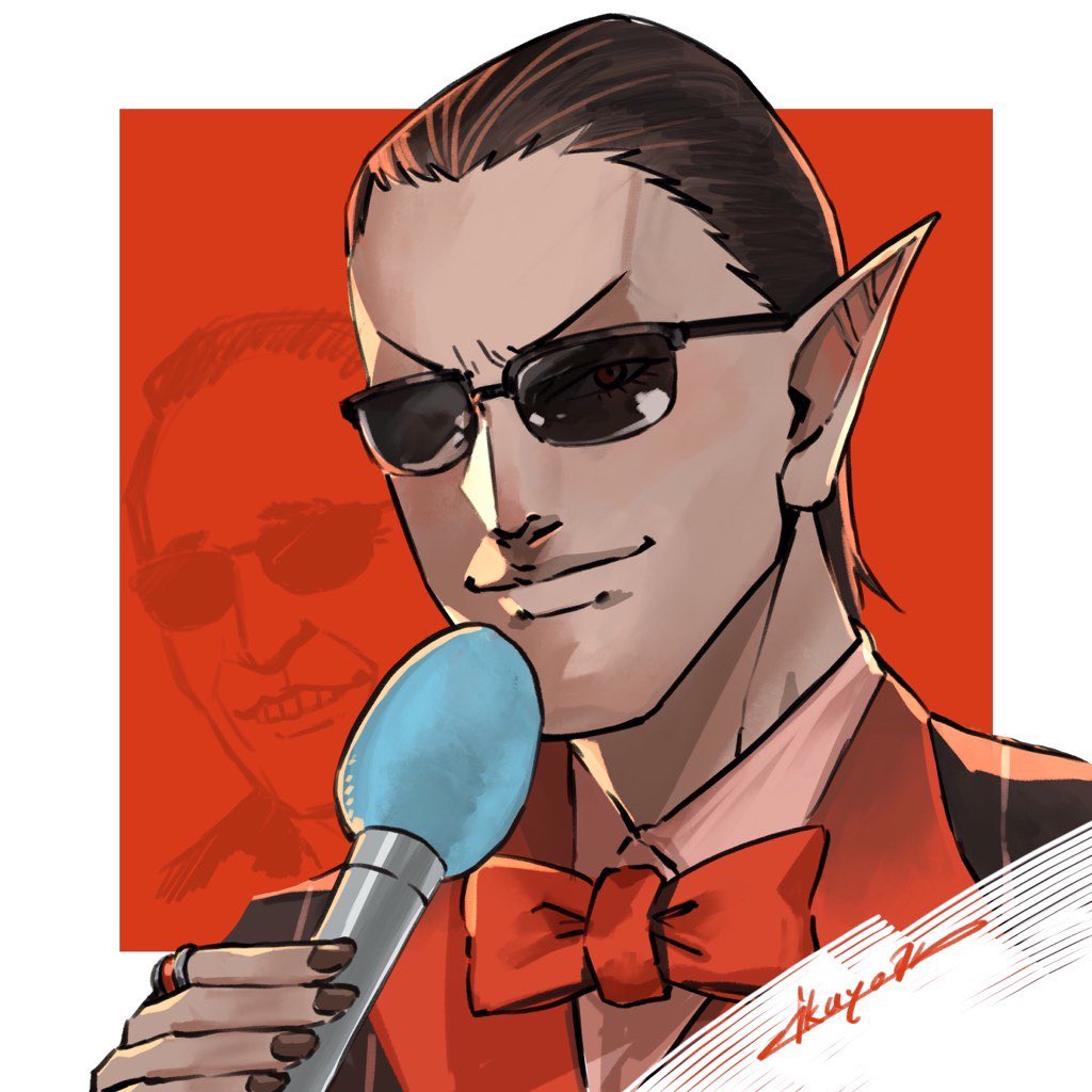 1boy bow bowtie brown_hair brown_nails closed_mouth dark_skin elf gwelu_os_gar holding holding_microphone ikuyoan jewelry long_sleeves looking_at_viewer microphone nijisanji orange_bow orange_neckwear pointy_ears red_background red_eyes ring signature simple_background smile sunglasses tamori upper_body virtual_youtuber