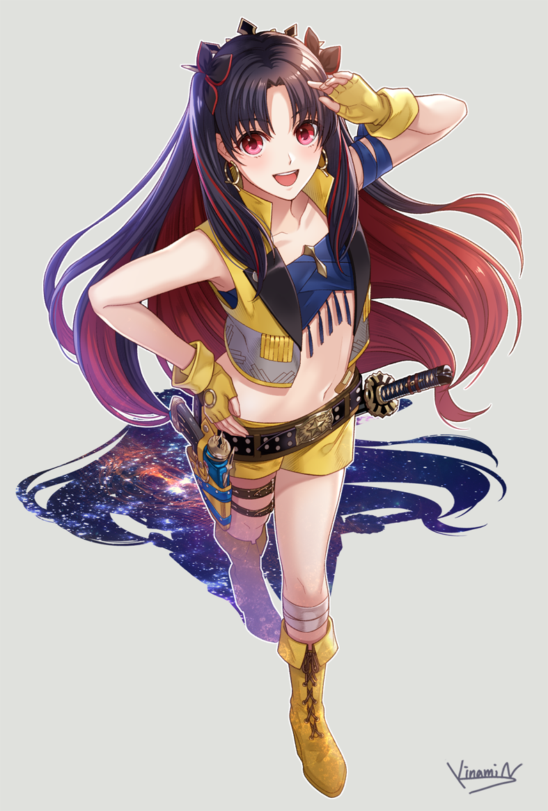 1girl :d arm_ribbon black_hair blue_ribbon boots collarbone crop_top earrings fate/grand_order fate_(series) fingerless_gloves from_above full_body gloves grey_background hand_on_hip ishtar_(fate/grand_order) jewelry looking_at_viewer midriff multicolored_hair navel ng_kina open_mouth red_eyes redhead ribbon short_shorts shorts signature simple_background smile solo standing stomach two-tone_hair yellow_footwear yellow_gloves yellow_shorts