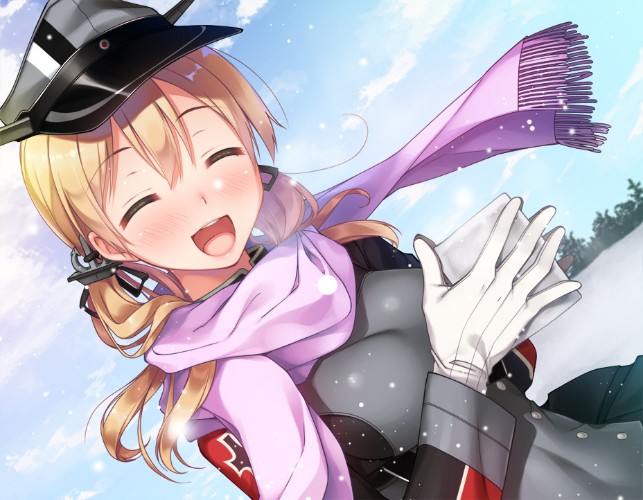 1girl :d ^_^ anchor_hair_ornament blonde_hair blue_sky blush closed_eyes clouds day eyebrows_visible_through_hair gloves grey_headwear hair_between_eyes hair_ornament hat imachireki kantai_collection long_hair open_mouth outdoors peaked_cap pink_scarf prinz_eugen_(kantai_collection) scarf short_twintails sky smile snow solo twintails white_gloves
