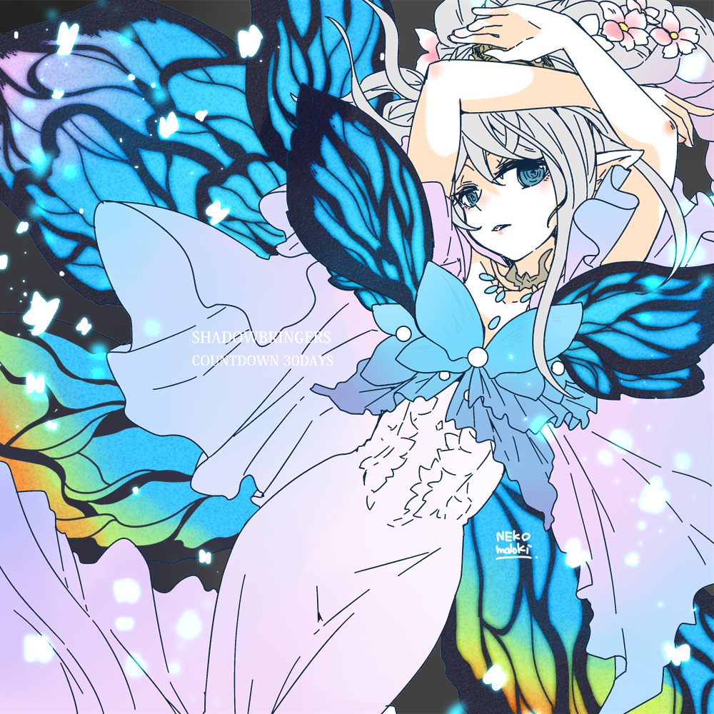 1girl arms_up artist_name bangs blue_eyes blue_wings braid butterfly_wings dress fairy final_fantasy final_fantasy_xiv flower gradient gradient_background hair_between_eyes hair_flower hair_ornament jewelry lili_mdoki long_hair necklace parted_lips pink_flower pointy_ears silver_hair single_braid solo tiara titania_(final_fantasy) white_dress wings