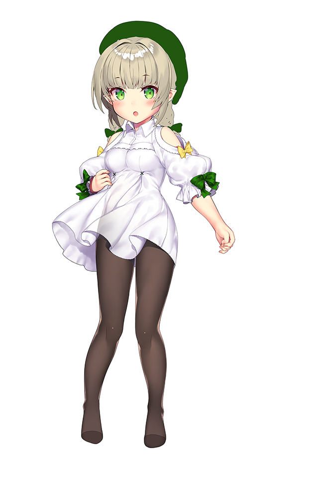 1girl :o bangs black_legwear blonde_hair blush bow braid breasts copyright_request dress eyebrows_visible_through_hair green_bow green_eyes hair_bow kuro_chairo_no_neko long_hair looking_at_viewer medium_breasts no_shoes pantyhose pointy_ears shoulder_cutout sidelocks simple_background sleeves_past_elbows solo standing twin_braids twintails white_background white_dress yellow_bow