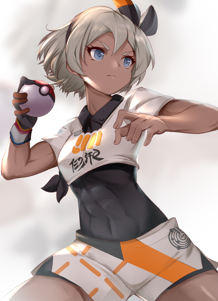 1girl abs b_b_b_b66 barefoot blue_eyes bodysuit bodysuit_under_clothes breasts commentary_request covered_navel dark_skin gloves grey_eyes grey_hair gym_leader hair_between_eyes hairband holding holding_poke_ball poke_ball pokemon pokemon_(game) pokemon_swsh saitou_(pokemon) shirt short_hair short_sleeves shorts simple_background single_glove solo white_background wristband