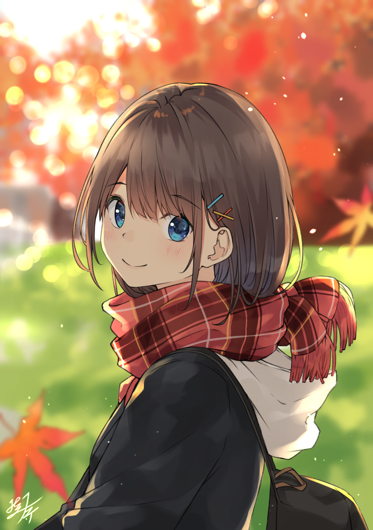1girl backpack bag bangs blue_eyes blurry blurry_background blush bokeh brown_hair closed_mouth commentary day depth_of_field eyebrows_visible_through_hair falling_leaves fringe_trim from_side hair_ornament hairclip hood hood_down leaf long_sleeves looking_at_viewer looking_to_the_side maple_leaf miko_fly original outdoors plaid plaid_scarf red_scarf scarf short_hair signature smile solo sunlight upper_body x_hair_ornament