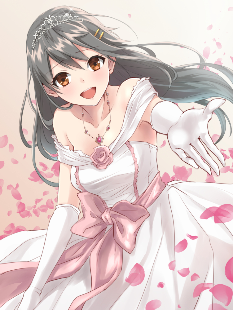 1girl black_hair blush breasts brown_eyes crown dress elbow_gloves eyebrows_visible_through_hair flower gloves gradient gradient_background hair_between_eyes hair_ornament hairclip haruna_(kantai_collection) kantai_collection large_breasts long_hair looking_at_viewer off-shoulder_shirt off_shoulder open_mouth petals rose rose_petals shirt smile u0709 wedding_dress white_dress white_gloves