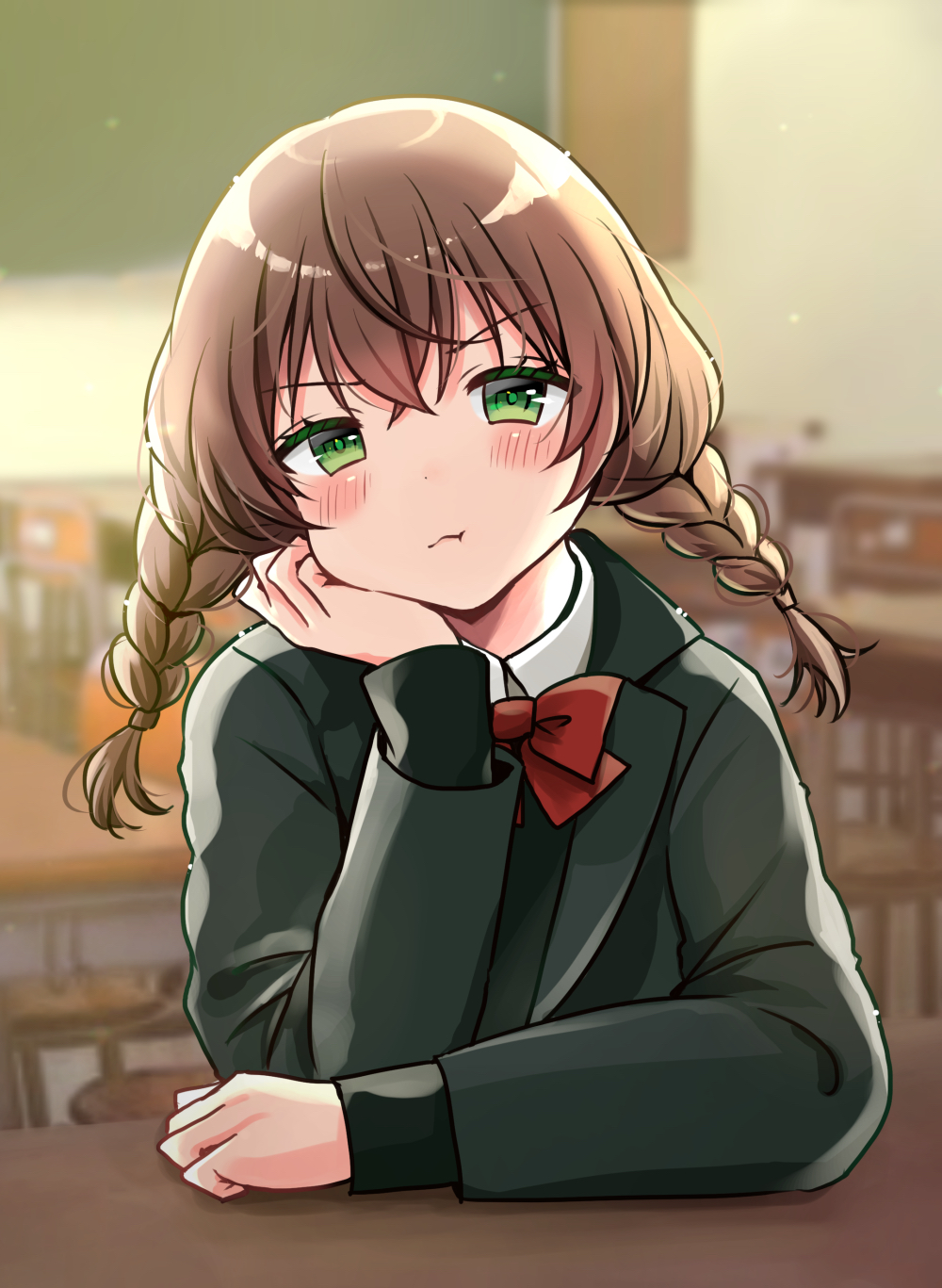 1girl :t arm_support bangs blazer blurry blurry_background blush bow bowtie braid brown_hair chair closed_mouth collared_shirt commentary_request depth_of_field desk eyebrows_visible_through_hair green_eyes green_jacket hair_between_eyes hand_up highres indoors jacket long_hair looking_at_viewer low_twintails minami_saki open_blazer open_clothes open_jacket original pout red_neckwear school_chair school_desk shirt solo twin_braids twintails white_shirt