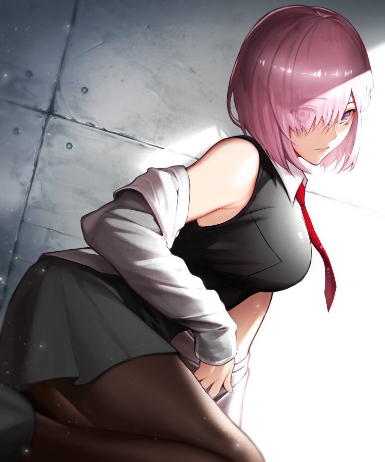 1girl bangs bare_shoulders black_shirt blush bob_cut breasts collar eyebrows_visible_through_hair eyes_visible_through_hair fate/grand_order fate_(series) fumi_fumi_(7837224) grey_jacket hair_over_one_eye jacket large_breasts lavender_hair lips long_bangs mash_kyrielight miniskirt necktie nose_blush off-shoulder_jacket off_shoulder pantyhose red_neckwear shirt short_hair shoulders skirt sleeveless solo thighs violet_eyes