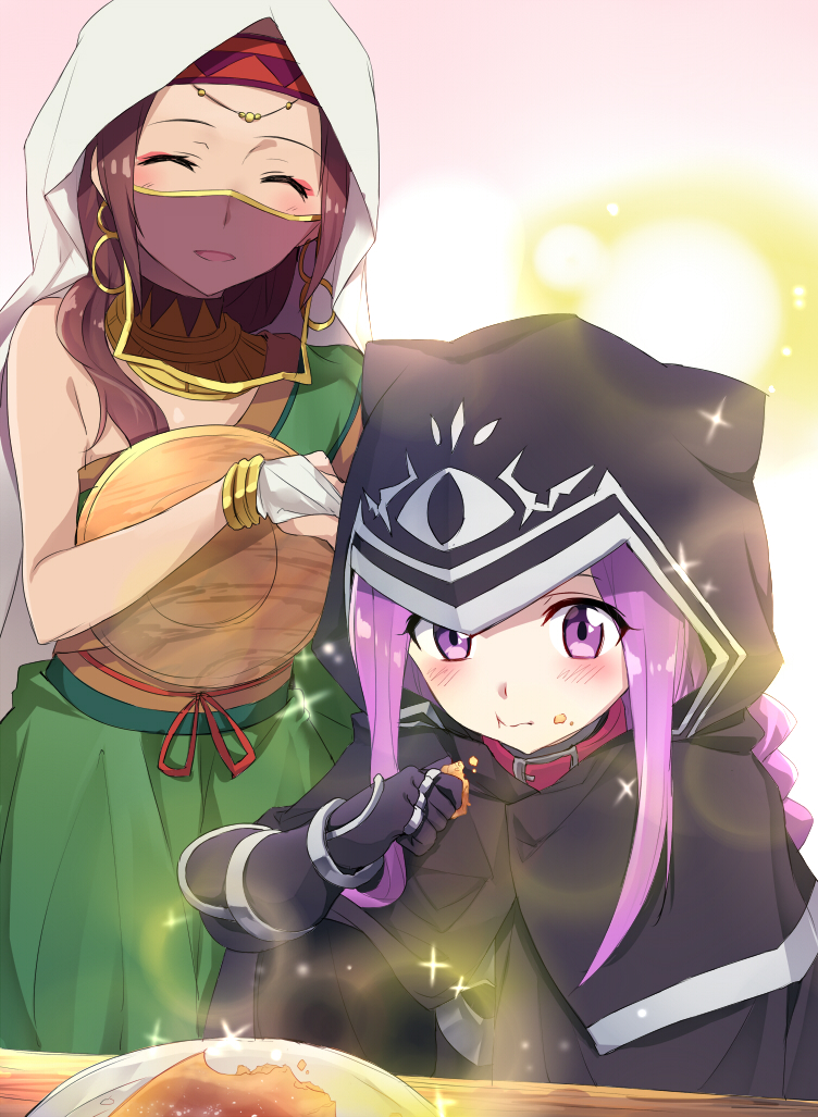 2girls :t animal_ears animal_hood bangs bare_shoulders black_cloak black_gloves black_leotard blush braid bridal_gauntlets brown_hair cloak closed_eyes commentary_request dress eating elbow_gloves fake_animal_ears fate/grand_order fate_(series) food food_on_face gloves green_dress holding holding_food hood hood_up hooded_cloak leotard long_hair looking_away looking_down medusa_(lancer)_(fate) multiple_girls parted_bangs parted_lips purple_hair rider see-through siduri_(fate/grand_order) single_strap smile sparkle standing tsuedzu veil violet_eyes wavy_mouth