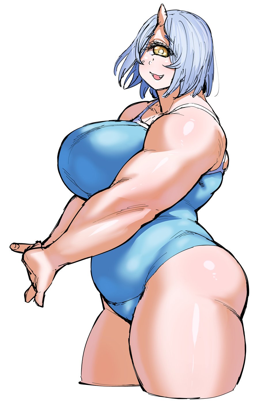 1girl bare_shoulders belly blue_hair blue_swimsuit breasts cyclops elf-san_wa_yaserarenai. fangs highres horn huge_breasts looking_at_viewer muscle one-eyed short_hair simple_background smile solo swimsuit synecdoche thick_thighs thighs white_background yellow_eyes
