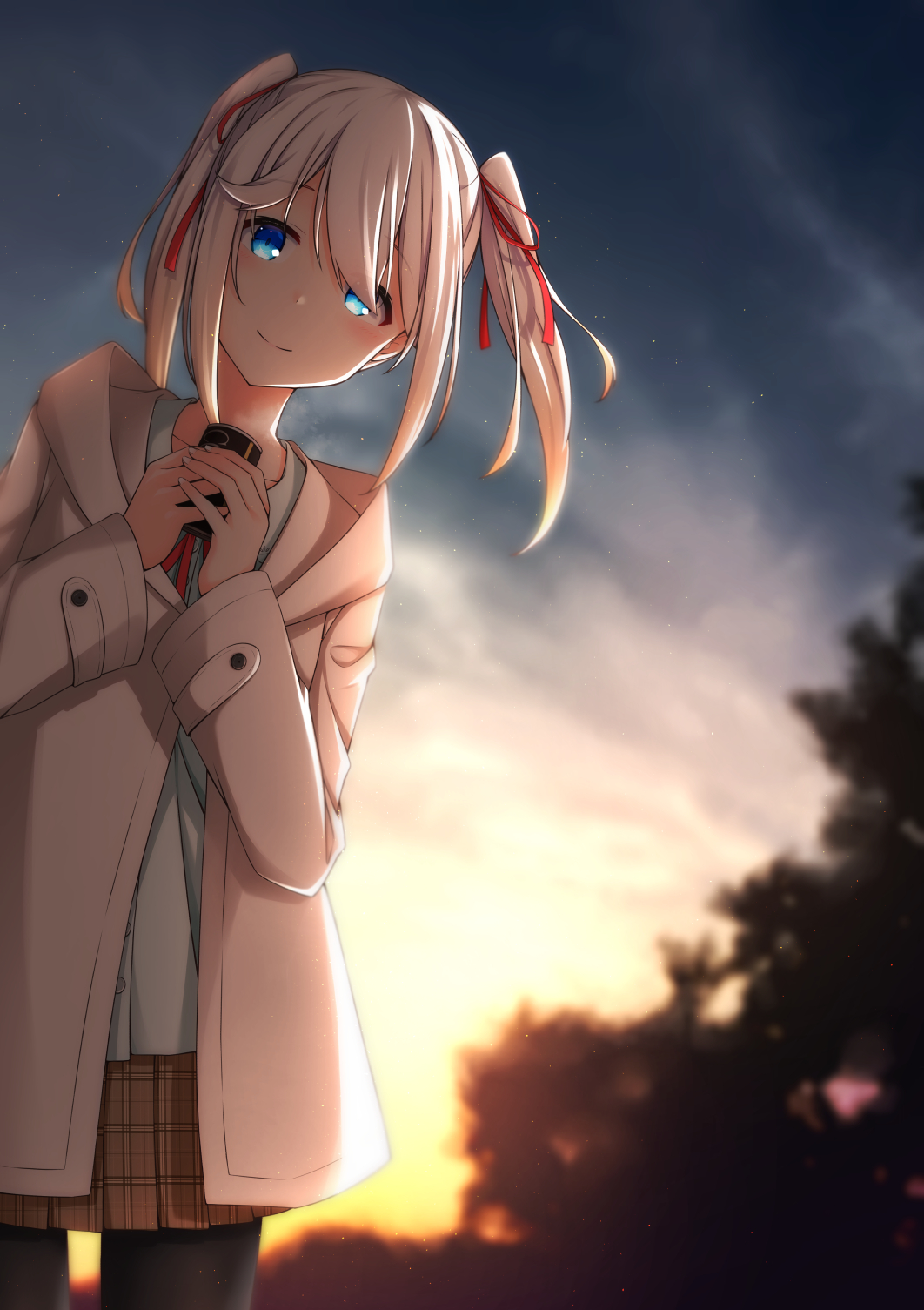 1girl aoi_thomas bangs black_legwear blue_eyes blurry blurry_background blush brown_coat brown_skirt can closed_mouth coat collared_shirt commentary_request depth_of_field dress_shirt evening eyebrows_visible_through_hair hair_ribbon highres holding holding_can hood hood_down hooded_coat leaning_to_the_side neck_ribbon open_clothes open_coat original outdoors pantyhose plaid plaid_skirt pleated_skirt red_ribbon ribbon shirt skirt smile solo sunset twintails white_hair white_shirt