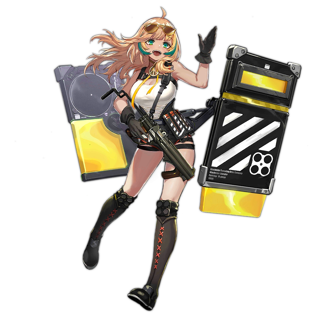 1girl :d ahoge bangs bare_shoulders black_footwear black_gloves black_shorts boots breasts choker dark_skin eyebrows_visible_through_hair eyewear_on_head floating_hair full_body girls_frontline gloves green_eyes green_hair gun hand_up holding holding_gun holding_weapon knee_boots large_breasts liberator_(girls_frontline) long_hair looking_at_viewer messy_hair multicolored_hair official_art open_mouth peace_symbol shield short_shorts shorts shotgun sidelocks smile solo streaked_hair sunglasses tinted_eyewear transparent_background trigger_discipline weapon white_tank_top winchester_liberator