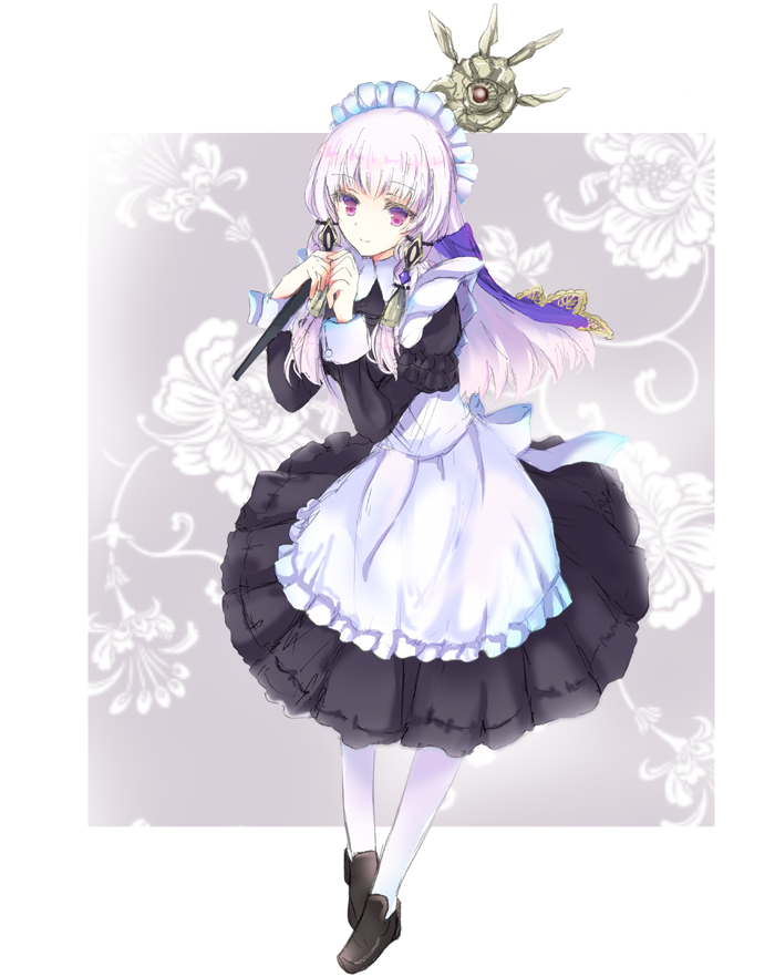 1girl closed_mouth fire_emblem fire_emblem:_three_houses full_body hair_ornament holding holding_staff houkiri_nemu long_hair long_sleeves lysithea_von_ordelia maid maid_headdress pink_eyes shoes smile solo staff white_hair white_legwear