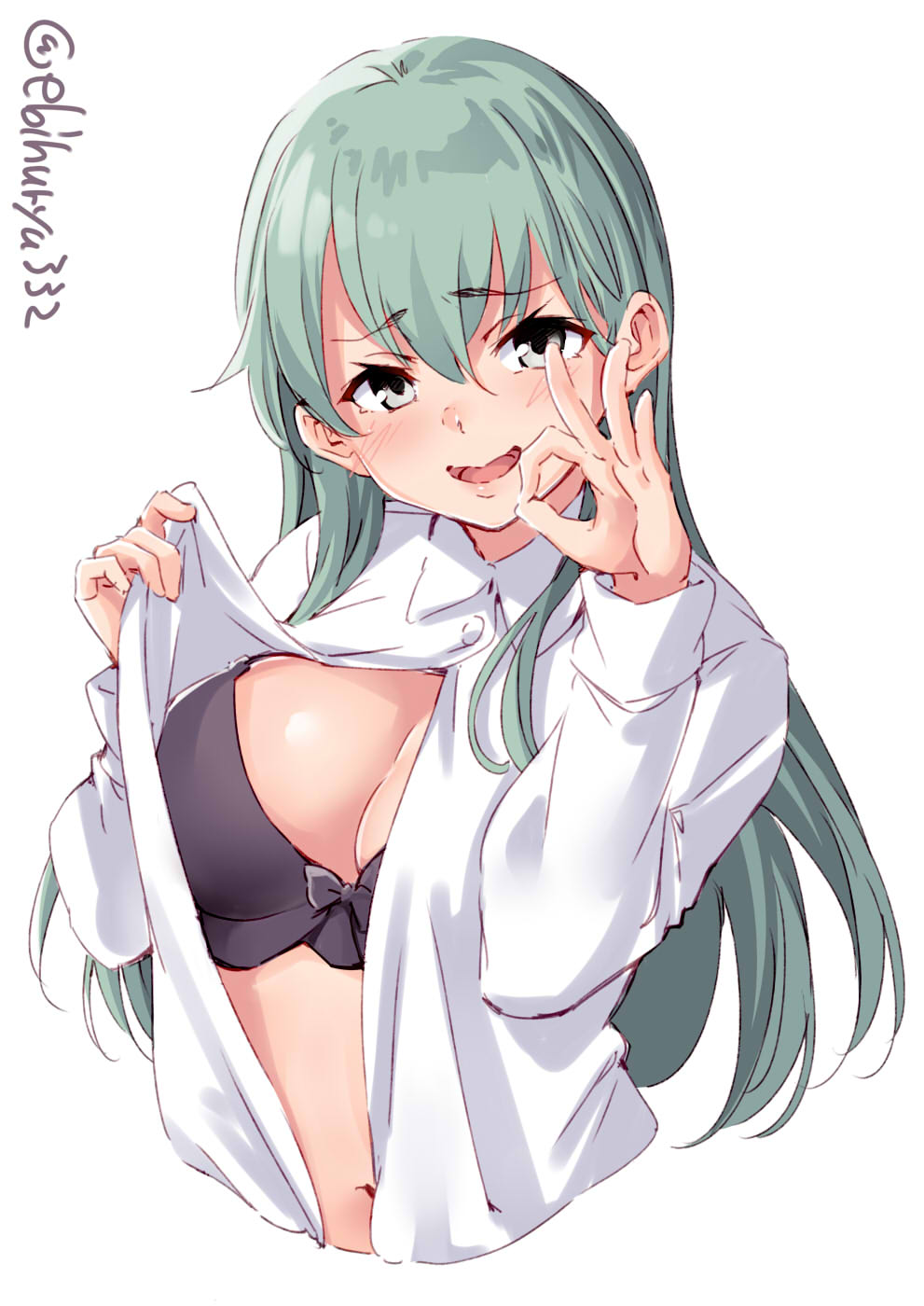 1girl :d aqua_eyes aqua_hair blush bra breasts ebifurya eyebrows_visible_through_hair hair_between_eyes highres kantai_collection large_breasts long_hair looking_at_viewer open_clothes open_mouth purple_bra shirt simple_background smile solo suzuya_(kantai_collection) twitter_username underwear white_background white_shirt