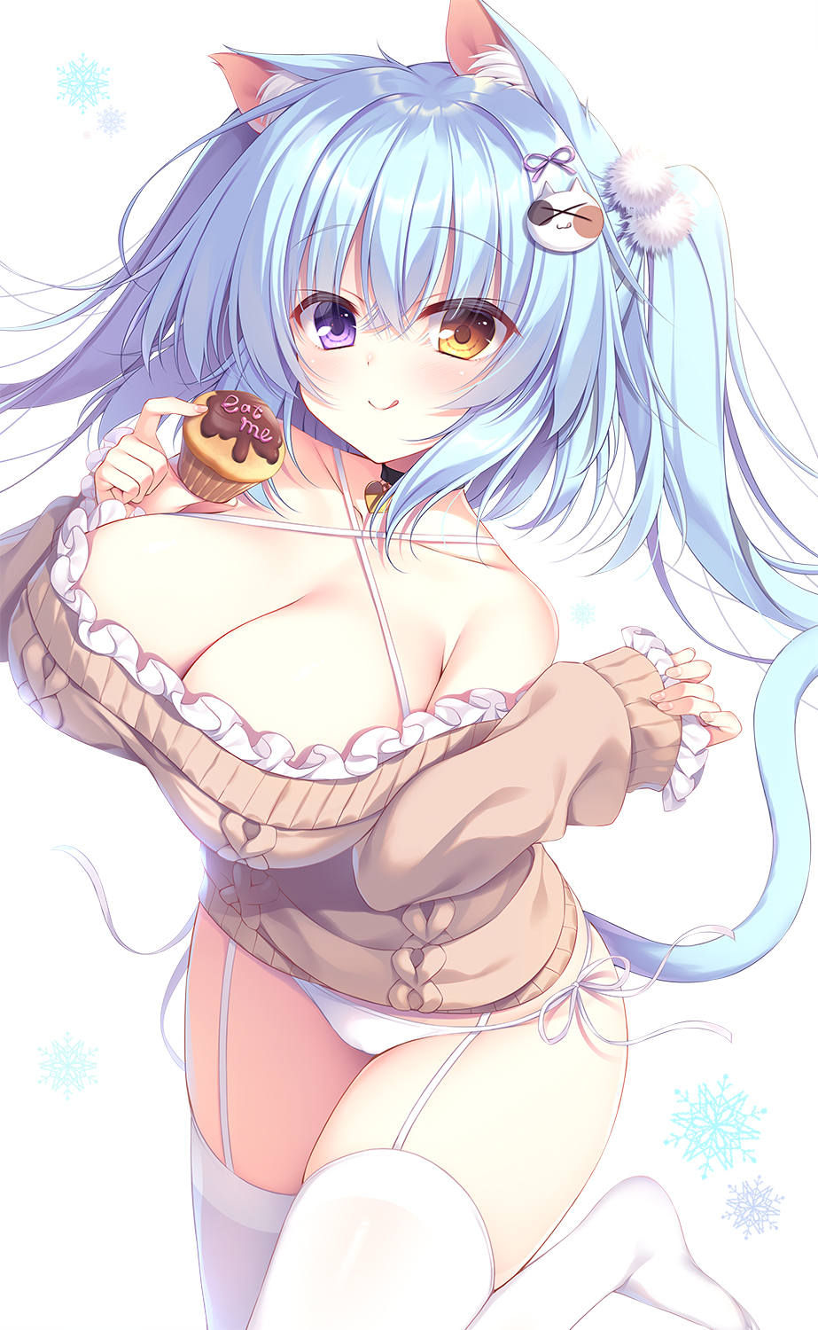 1girl :q animal_ear_fluff animal_ears aran_sweater bangs bare_shoulders blue_hair blush breasts brown_sweater cat_ears cat_girl cat_tail choker cupcake eyebrows_visible_through_hair food frilled_sweater hair_between_eyes hair_ornament heart heart_choker heterochromia highres holding holding_food leg_up long_hair long_sleeves looking_at_viewer off-shoulder_sweater off_shoulder original panties side-tie_panties simple_background sleeves_past_wrists smile solo sweater tail thigh-highs tongue tongue_out twintails underwear very_long_hair violet_eyes white_background white_legwear white_panties yatanukikey yellow_eyes