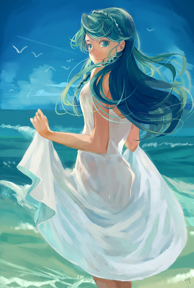 1girl areazero bangs bird blue_eyes blue_hair blue_sky closed_mouth day dress floating_hair from_behind go!_princess_precure kaidou_minami long_hair looking_at_viewer looking_back ocean outdoors precure skirt_hold sky sleeveless sleeveless_dress smile solo standing sundress swept_bangs very_long_hair white_dress