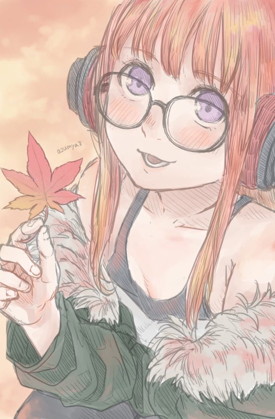 1girl ahoge arm_up autumn autumn_leaves azumya8 bangs bare_shoulders black_legwear black_tank_top blunt_bangs blush coat eyebrows_visible_through_hair fur-trimmed_coat fur-trimmed_hood fur_trim glasses green_coat hand_up happy hime_cut holding holding_leaf hood hood_down hooded_coat leaf long_hair long_sleeves looking_at_viewer looking_up off-shoulder_shirt off_shoulder open_mouth orange_background orange_hair persona persona_5 sakura_futaba shirt simple_background smile squatting t-shirt tank_top teeth twitter_username violet_eyes white_shirt