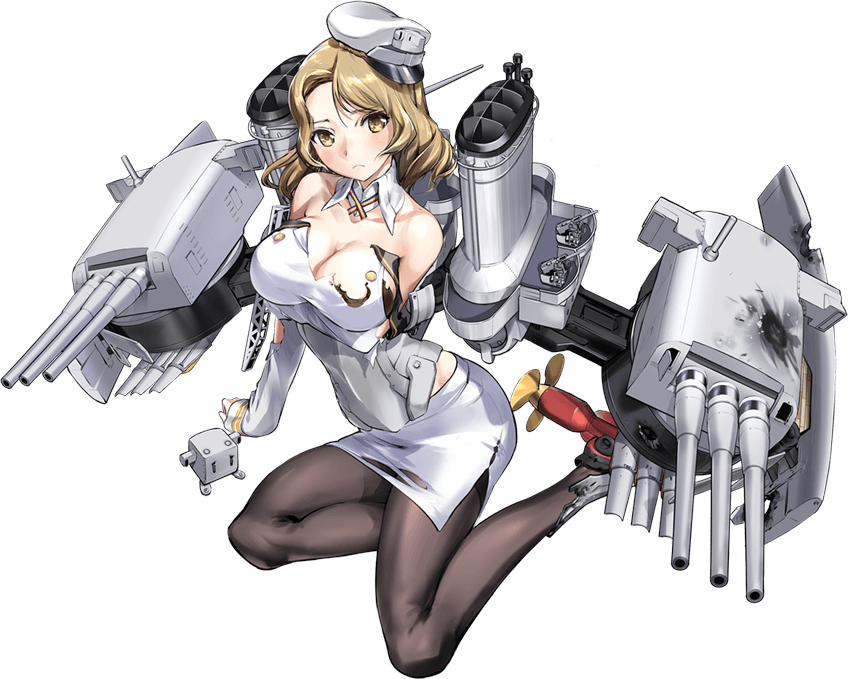 1girl blonde_hair breasts hat headgear houston_(kantai_collection) kantai_collection large_breasts machinery official_art pantyhose short_hair torn_clothes turret yellow_eyes zeco