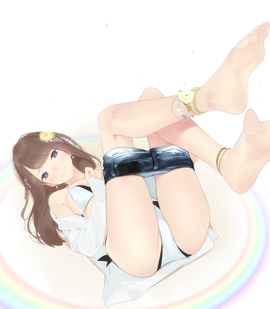 1girl ama_mitsuki anklet ass bangs bare_legs barefoot blue_eyes blush bra braid breasts brown_hair closed_mouth denim denim_shorts feet flower foreshortening hair_flower hair_ornament jewelry legs_up long_hair looking_at_viewer lying off_shoulder on_back original panties pov_feet revision shirt shorts side_braid simple_background smile soles solo toes underwear undressing white_bra white_panties white_shirt