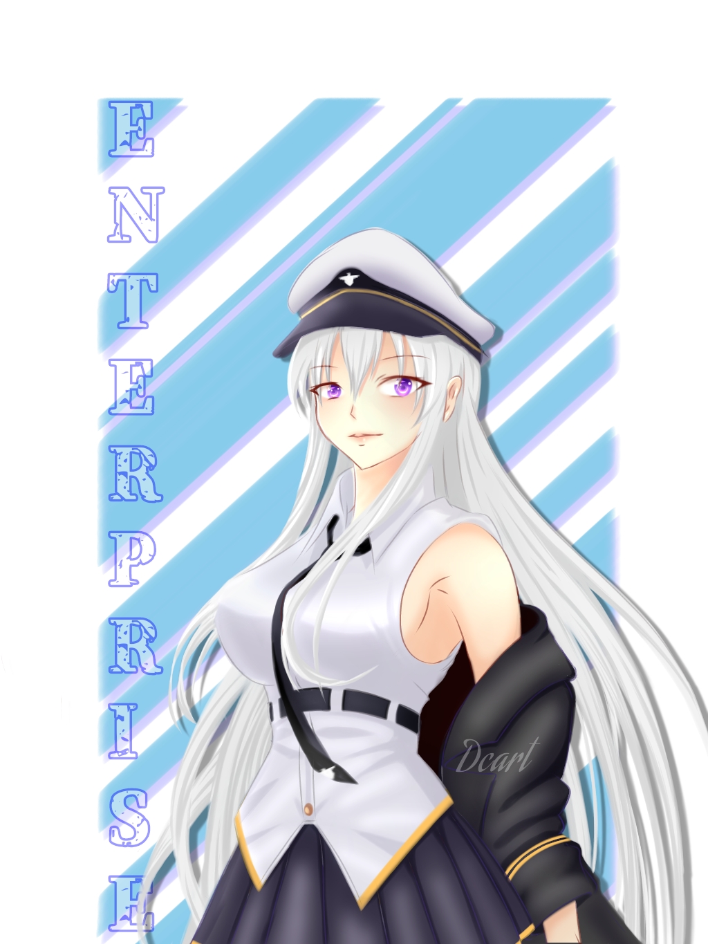 1girl azur_lane belt black_belt black_coat black_neckwear blue_stripes character_name coat cowboy_shot dcart english_commentary enterprise_(azur_lane) eyebrows_visible_through_hair grey_hair hat highres long_hair military_hat open_clothes open_coat peaked_cap pleated_skirt shirt skirt sleeveless sleeveless_shirt striped striped_background underbust violet_eyes white_headwear