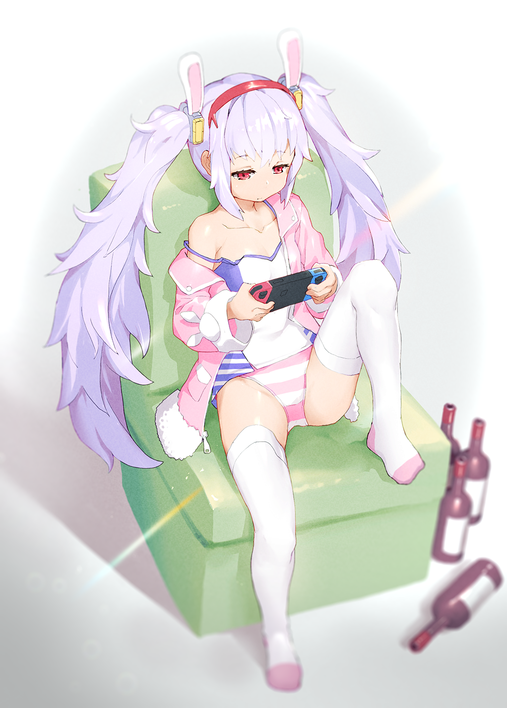 1girl animal_ears azur_lane bangs bluesnail bottle breasts camisole closed_mouth collarbone expressionless fake_animal_ears full_body hairband highres jacket jitome knee_up laffey_(azur_lane) lavender_hair nintendo_switch no_pants off_shoulder open_clothes open_jacket panties pink_jacket playing_games rabbit_ears red_eyes sidelocks sitting small_breasts solo spaghetti_strap strap_slip striped striped_panties thigh-highs twintails underwear white_legwear wine_bottle