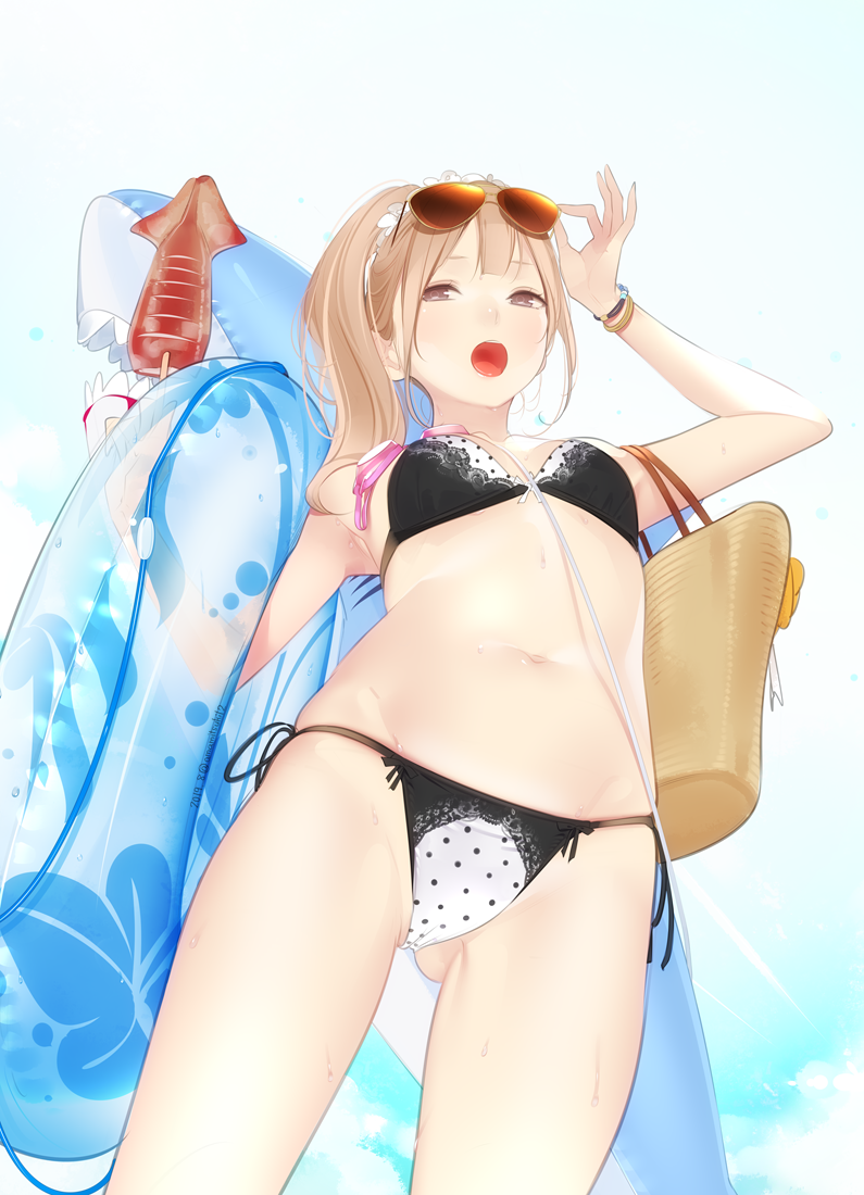 1girl :o ama_mitsuki arm_up armpits ass_visible_through_thighs bare_shoulders bikini black_bikini bracelet breasts brown_eyes brown_hair collarbone commentary_request eyewear_on_head food from_below groin hand_on_eyewear highleg highleg_bikini holding holding_food inflatable_shark inflatable_toy innertube jewelry long_hair looking_at_viewer navel open_mouth original revision side-tie_bikini side_ponytail skindentation small_breasts solo squid stomach string_bikini sunglasses swimsuit thighs wet