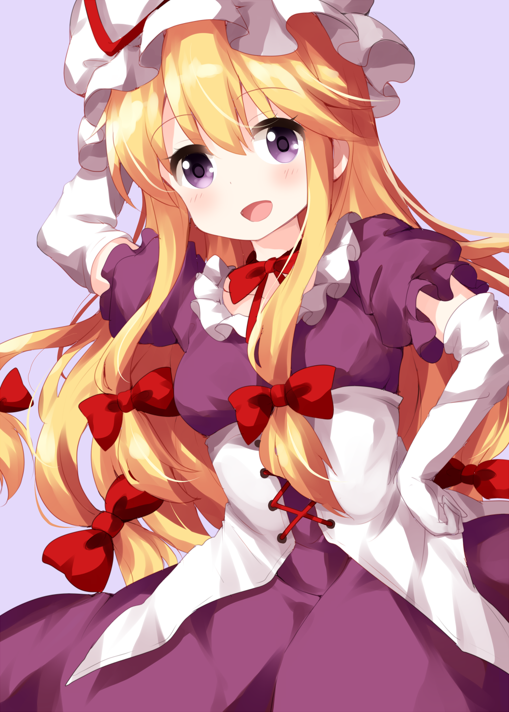 1girl :d bangs blonde_hair blush bow breasts choker commentary_request cowboy_shot dress eyebrows_visible_through_hair hair_between_eyes hair_bow hair_ribbon hand_on_hip highres long_hair looking_at_viewer open_mouth puffy_short_sleeves puffy_sleeves purple_background purple_dress red_bow red_choker red_ribbon ribbon ribbon_choker ruu_(tksymkw) short_sleeves sidelocks simple_background small_breasts smile solo standing touhou violet_eyes white_headwear yakumo_yukari