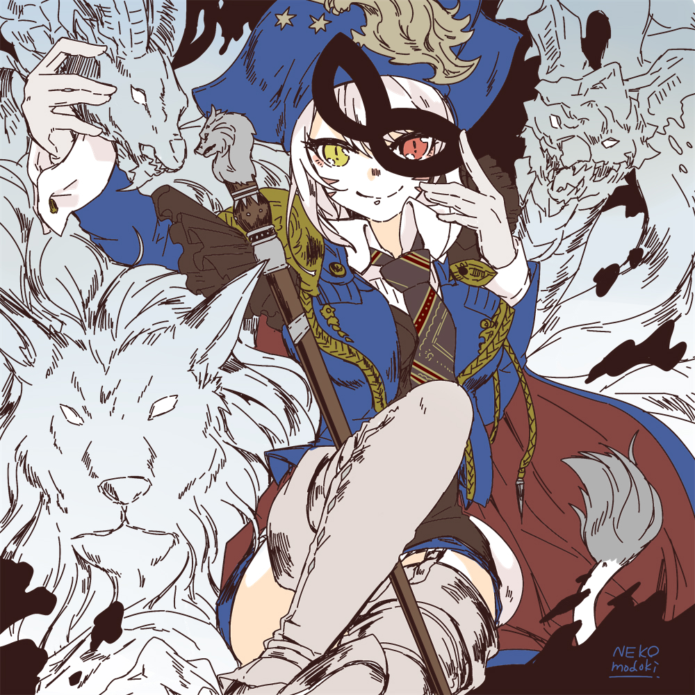 1girl animal_ears artist_name bicorne blue_headwear blue_jacket blue_mage blue_shorts boots cane cape cat_girl closed_mouth domino_mask facial_mark final_fantasy final_fantasy_xiv garter_straps hat heterochromia jacket lili_mdoki lion_tail long_sleeves mask miqo'te necktie red_eyes shorts slit_pupils smile solo tail thigh-highs thigh_boots whisker_markings white_footwear yellow_eyes zettai_ryouiki