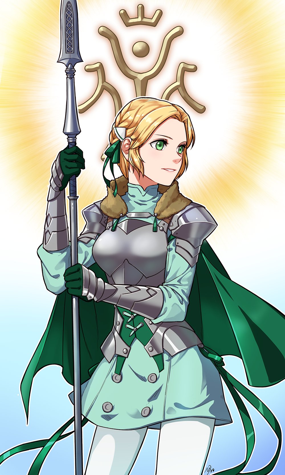 1girl armor blonde_hair cape drawingddoom fire_emblem fire_emblem:_three_houses gloves green_cape green_eyes green_gloves highres holding holding_weapon ingrid_brandl_galatea parted_lips polearm short_hair simple_background solo weapon white_legwear