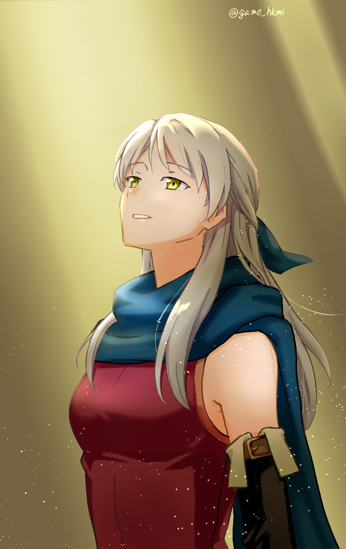 1girl bangle bare_shoulders black_gloves blue_scarf bracelet dress elbow_gloves fire_emblem fire_emblem:_radiant_dawn game_hkmi gloves grin hair_ribbon half_updo jewelry light_particles light_rays long_hair looking_away looking_up micaiah_(fire_emblem) ribbon scarf side_slit silver_hair sleeveless sleeveless_dress smile solo yellow_eyes