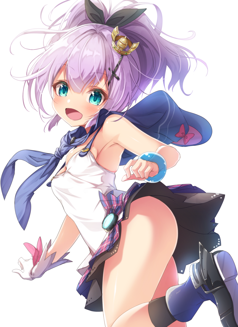 1girl :d aqua_eyes ass azur_lane bangs bare_shoulders black_legwear black_ribbon blue_footwear blue_skirt blush boots breasts camisole commentary_request crown eyebrows_visible_through_hair gloves hair_between_eyes hair_ribbon high_ponytail javelin_(azur_lane) looking_at_viewer matokechi medium_breasts mini_crown open_mouth plaid plaid_skirt pleated_skirt ponytail purple_hair ribbon shoe_soles single_glove skirt smile socks solo tilted_headwear white_camisole white_gloves