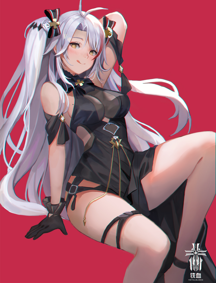 1girl :q alternate_costume antenna_hair arm_up azur_lane bangs black_dress blush bow breasts brown_eyes dress gloves hair_between_eyes highres knee_up large_breasts long_hair looking_at_viewer mole mole_on_breast multicolored_hair prinz_eugen_(azur_lane) prinz_eugen_(cordial_cornflower)_(azur_lane) rainmood red_background redhead silver_hair simple_background sitting solo streaked_hair thighs tongue tongue_out two_side_up very_long_hair