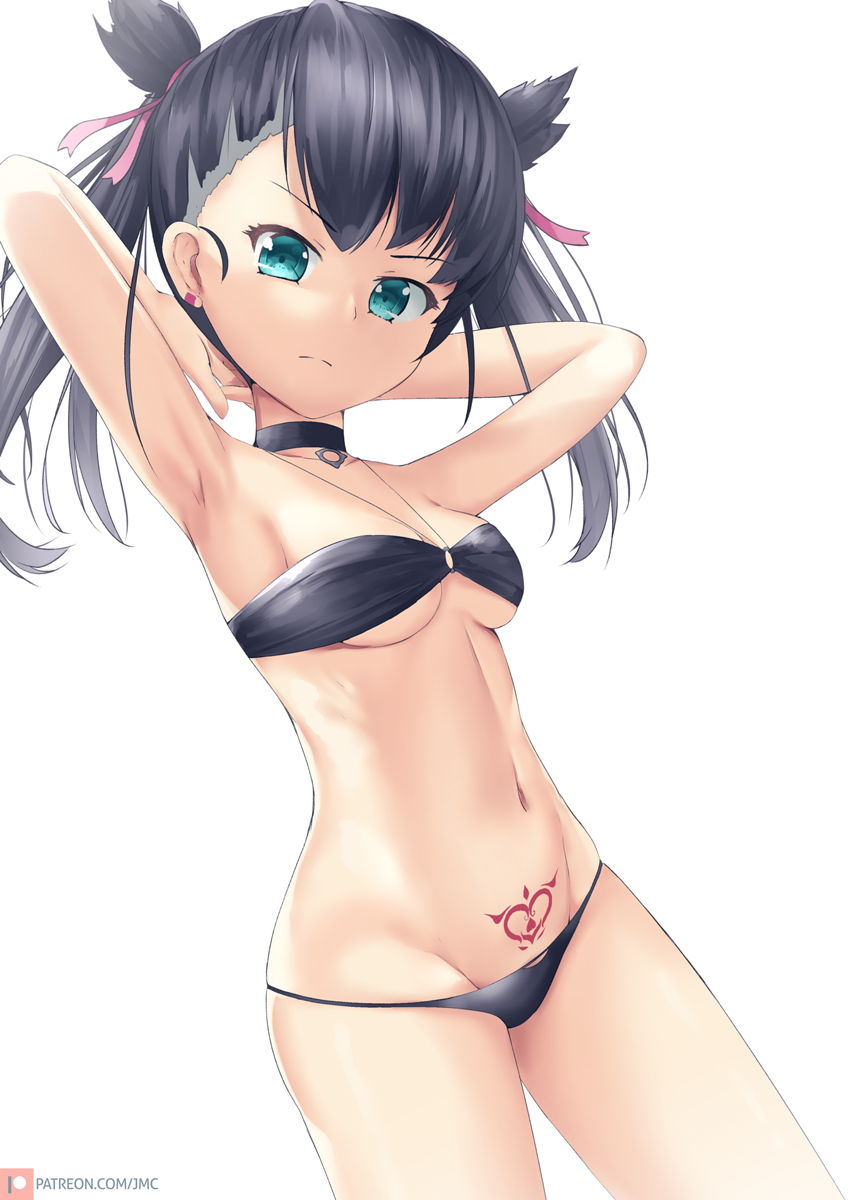 1girl armpits arms_behind_head asymmetrical_bangs bangs bikini black_bikini black_choker black_hair breasts choker closed_mouth green_eyes hair_ribbon highres joko_jmc looking_at_viewer mary_(pokemon) medium_breasts navel o-ring o-ring_bikini o-ring_top patreon_username pink_ribbon pokemon pokemon_(game) pokemon_swsh ribbon shirt simple_background solo standing stomach_tattoo swimsuit tattoo twintails undercut white_background