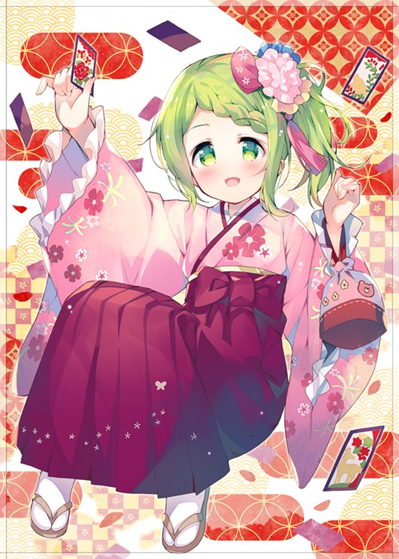 1girl :d blush bow braid brown_footwear card eyebrows_visible_through_hair floral_print flower frilled_sleeves frills full_body green_eyes green_hair hair_flower hair_ornament hakama holding holding_card japanese_clothes kimono long_sleeves looking_at_viewer meito_(maze) morinaka_kazaki nijisanji open_mouth outstretched_arm pink_flower pink_kimono print_kimono red_bow red_hakama sidelocks smile socks solo virtual_youtuber white_legwear wide_sleeves zouri