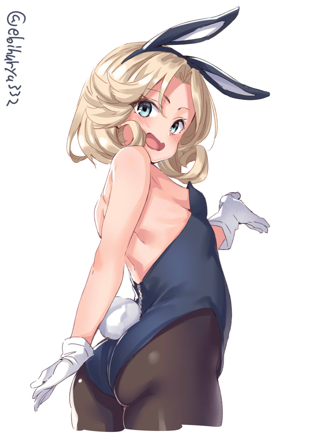 1girl alternate_costume animal_ears aqua_eyes bangs bare_shoulders blonde_hair blue_leotard breasts bunny_girl bunny_tail bunnysuit ebifurya eyebrows_visible_through_hair fake_animal_ears from_behind gloves highres janus_(kantai_collection) kantai_collection leotard open_mouth pantyhose parted_bangs rabbit_ears sideboob small_breasts solo standing strapless strapless_leotard tail twitter_username white_background white_gloves wrist_cuffs