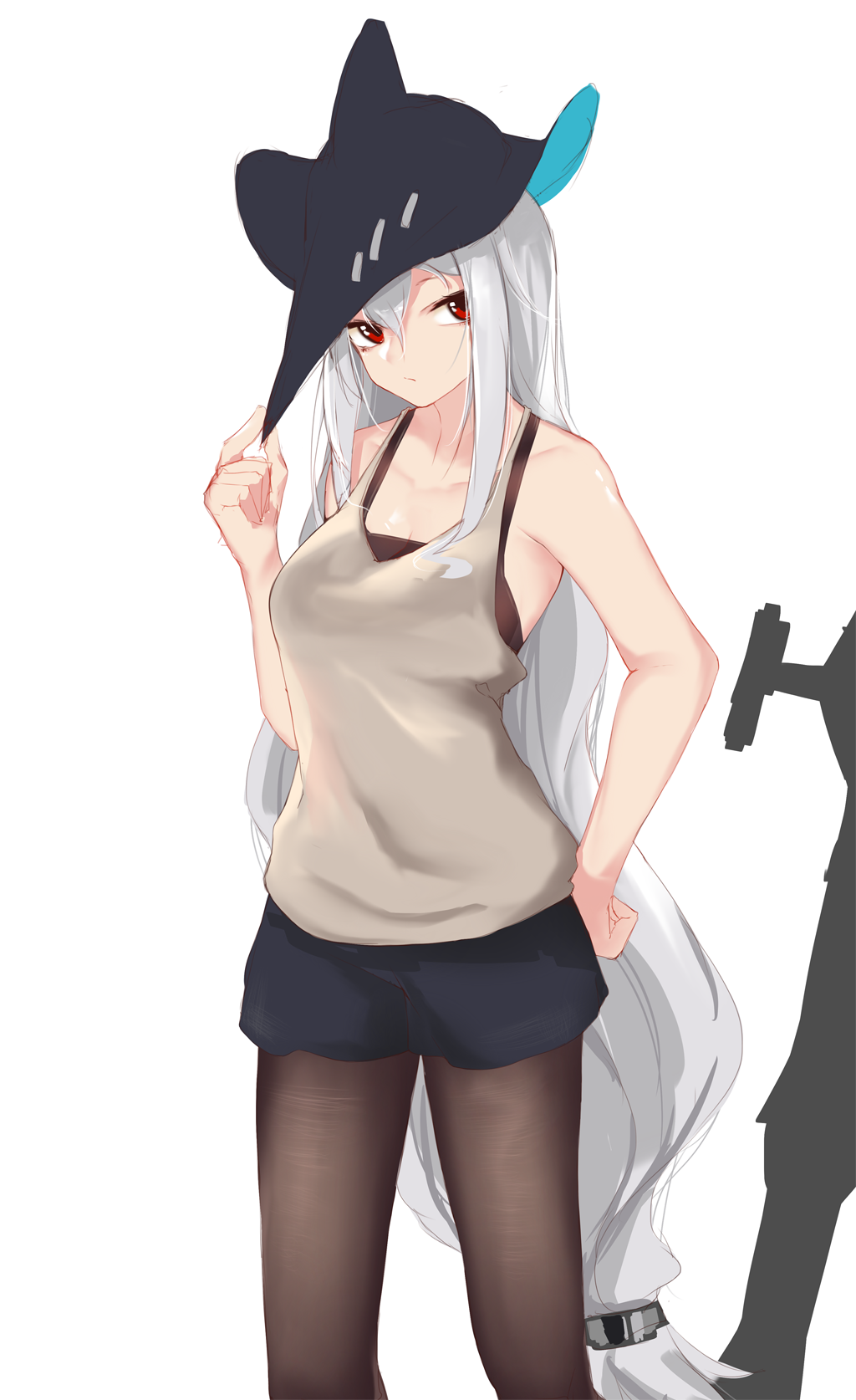 1girl arknights bangs bare_arms bare_shoulders black_headwear black_shorts breasts brown_legwear brown_tank_top closed_mouth collarbone commentary grey_hair hair_between_eyes hair_ornament hand_on_headwear hand_on_hip hand_up hat highres inniyik legwear_under_shorts long_hair looking_at_viewer medium_breasts pantyhose red_eyes short_shorts shorts simple_background skadi_(arknights) solo tank_top very_long_hair white_background