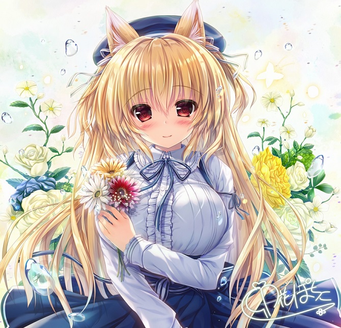 1girl air_bubble animal_ear_fluff animal_ears beret blonde_hair blue_headwear blue_skirt blush breasts bubble collared_shirt commentary eyebrows_visible_through_hair floral_background flower flower_request fox_ears fox_girl hair_between_eyes hat holding holding_flower large_breasts long_hair long_sleeves looking_at_viewer neck_ribbon original red_eyes ribbon shirt signature skirt solo unohana_pochiko upper_body white_shirt