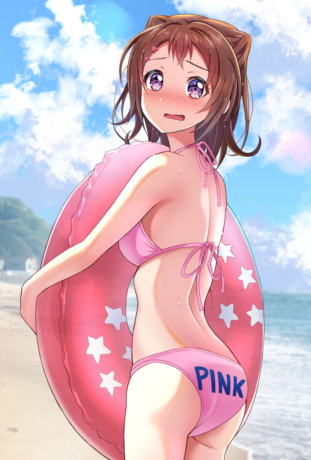 1girl ass bang_dream! beach bikini blue_sky blush breasts brown_hair clothes_writing clouds commentary_request cowboy_shot embarrassed highres innertube looking_at_viewer medium_breasts open_mouth outdoors pink_bikini short_hair sky solo standing swimsuit toyama_kasumi violet_eyes yamamoto_chavez