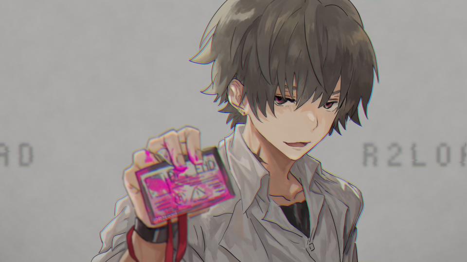 1boy black_eyes blood bloody_hands brown_hair collarbone earrings holding id_card jewelry male_focus neck_scar open_mouth original r2load scar signature sleeves_rolled_up solo watch
