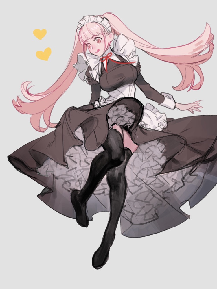 1girl :q black_legwear closed_mouth fire_emblem fire_emblem:_three_houses fire_emblem:_three_houses fire_emblem_heroes full_body grey_background heart hilda_valentine_goneril intelligent_systems koei_tecmo long_hair long_sleeves maid maid_headdress nintendo p-nekor pink_eyes pink_hair simple_background solo super_smash_bros. thigh-highs tongue tongue_out twintails