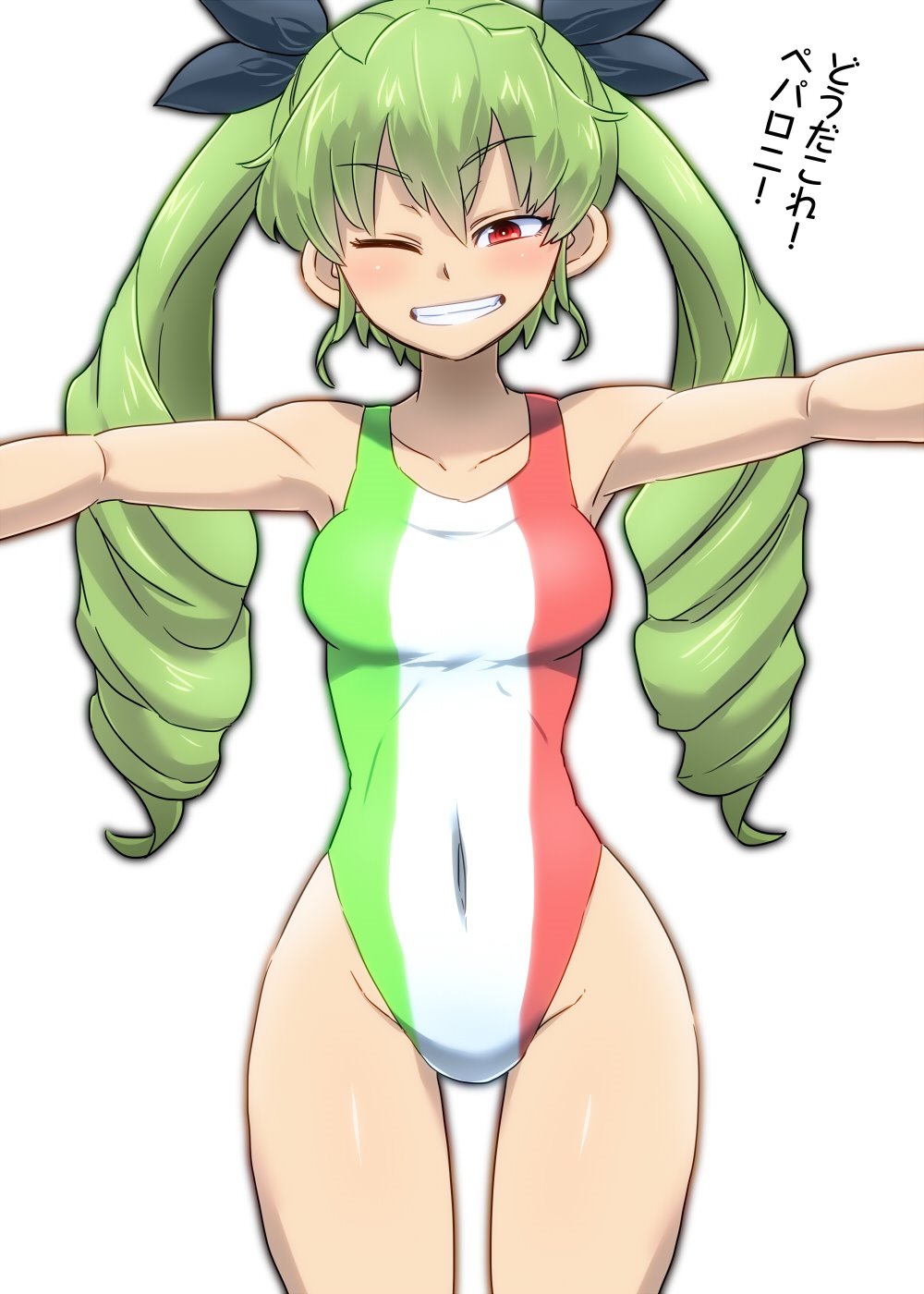1girl anchovy aono3 bangs black_ribbon commentary covered_navel cowboy_shot drill_hair eyebrows_visible_through_hair flag_print girls_und_panzer green_hair grin hair_ribbon half-closed_eye highres italian_flag long_hair looking_at_viewer one-piece_swimsuit one_eye_closed print_swimsuit red_eyes ribbon simple_background smile solo standing swimsuit translated twin_drills twintails white_background