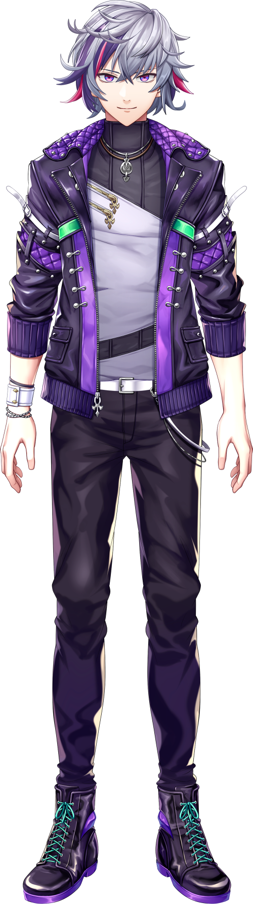 1boy belt black_footwear black_pants boots bracelet closed_mouth full_body grey_shirt highres jacket jewelry long_sleeves looking_at_viewer minato_fuwa multicolored_hair necklace nijisanji official_art pants purple_hair purple_jacket redhead shirt smile solo standing streaked_hair tachi-e transparent_background violet_eyes virtual_youtuber white_belt white_hair wristband