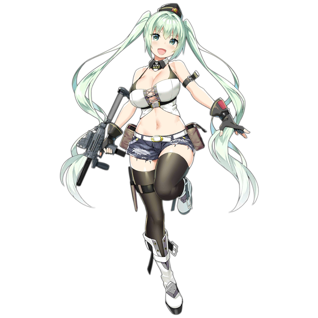 1girl :d aqua_eyes aqua_hair arm_strap bangs belt between_breasts black_gloves black_legwear blush boots breasts buckle denim denim_shorts detached_collar eyebrows eyebrows_visible_through_hair fang fingerless_gloves full_body girls_frontline gloves gradient_hair gun hair_between_eyes hat holding holding_gun holding_weapon holster imi_uzi knee_boots large_breasts leaning_forward leg_up long_hair long_sleeves looking_at_viewer micro_uzi micro_uzi_(girls_frontline) midriff mod3_(girls_frontline) multicolored_hair navel official_art open_mouth short_shorts shorts sidelocks sky_(freedom) smile snap-fit_buckle solo standing standing_on_one_leg stomach submachine_gun thigh-highs thigh_strap transparent_background trigger_discipline twintails weapon white_footwear white_hair