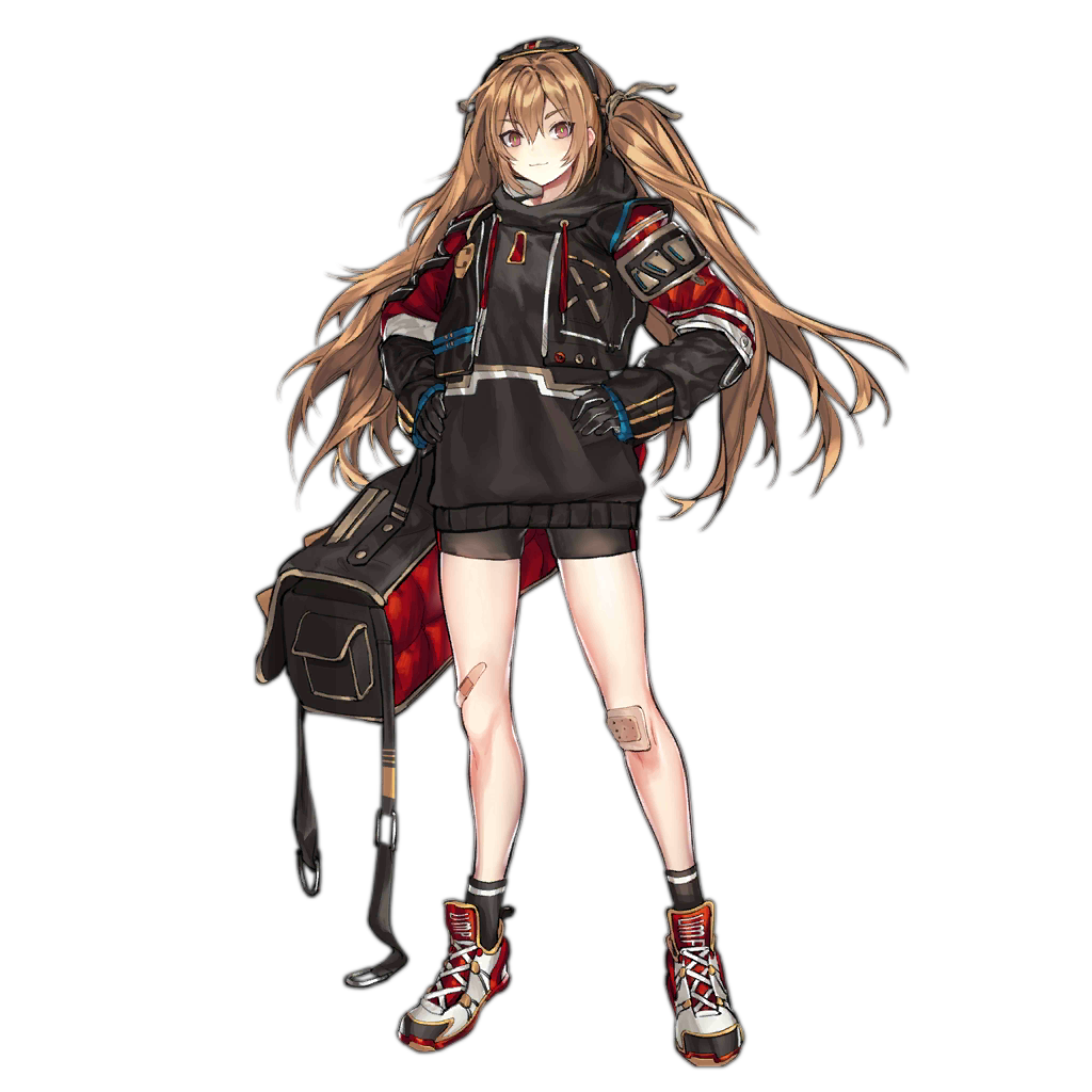 1girl alternate_costume bag bandaid bangs black_gloves black_legwear brown_hair closed_mouth eyebrows_visible_through_hair full_body girls_frontline gloves grey_jacket grey_shorts hair_between_eyes hair_ornament hands_on_hips holding holding_bag hood hood_down infukun jacket legs long_hair long_sleeves looking_at_viewer official_art shoes shorts smile sneakers socks standing transparent_background twintails ump9_(girls_frontline)