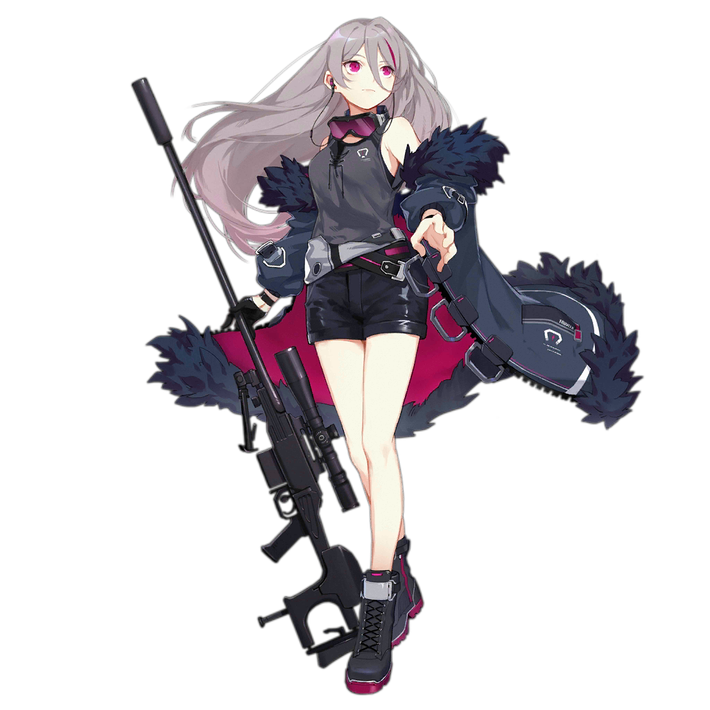 1girl bangs black_footwear black_gloves black_shorts boots breasts coat cross-laced_footwear earphones feather-trimmed_coat floating_hair full_body girls_frontline gloves goggles goggles_around_neck grey_coat grey_hair grey_tank_top gun holding holding_gun holding_weapon lace-up_boots long_hair long_legs looking_away medium_breasts multicolored_hair multiple_straps off_shoulder official_art open_clothes open_coat purple_hair rifle scope shorts sidelocks single_glove sniper_rifle sola7764 solo streaked_hair t-cms_(girls_frontline) tank_top tinted_eyewear truvelo_cms very_long_hair violet_eyes weapon wristband