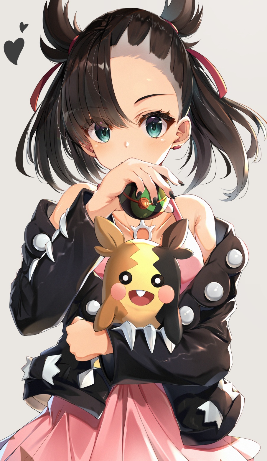 1girl asymmetrical_bangs bangs black_hair black_jacket black_nails blue_eyes collarbone dress gen_8_pokemon grey_background hair_ribbon heart highres holding holding_poke_ball holding_pokemon jacket kurokuro_illust long_sleeves looking_at_viewer mary_(pokemon) morpeko nail_polish pink_dress poke_ball pokemon pokemon_(creature) pokemon_(game) pokemon_swsh red_ribbon ribbon simple_background undercut