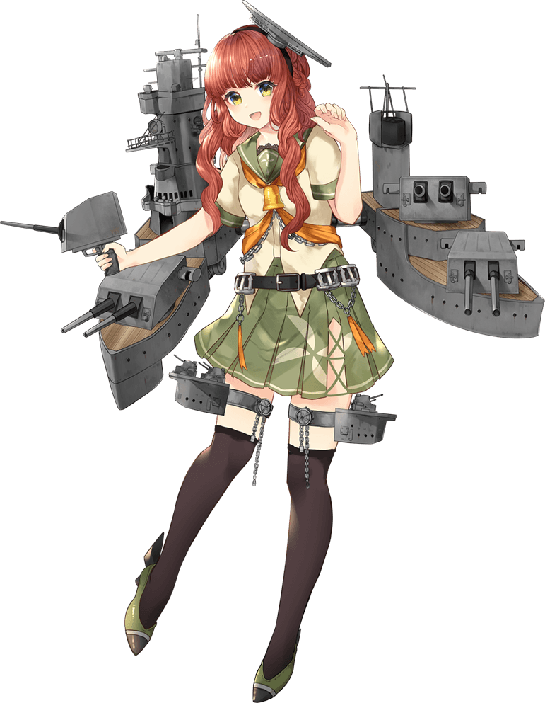 1girl artist_request braid chain curly_hair de_ruyter_(kantai_collection) dress green_dress hairband headgear kantai_collection machinery official_art redhead school_uniform serafuku thigh-highs turret yellow_eyes