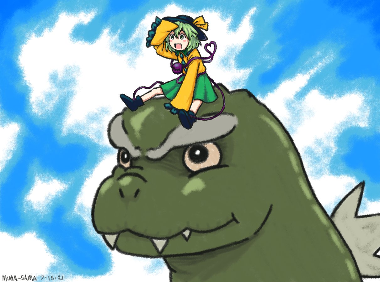 1girl black_headwear blush clouds cloudy_sky collared_shirt eyeball frilled_shirt_collar frilled_sleeves frills godzilla godzilla_(series) green_eyes green_hair green_skirt hat hat_ribbon heart heart_of_string kaijuu komeiji_koishi long_sleeves mima-sama monster on_head open_mouth ribbon sharp_teeth shirt short_hair simple_background skirt sky smile tail teeth third_eye wide_sleeves yellow_ribbon yellow_shirt