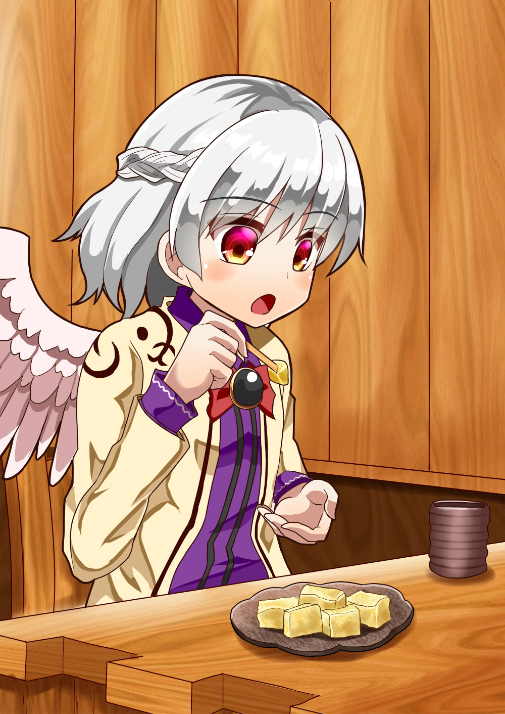 1girl :o arms_up blush bow bowtie braid brooch chair commentary_request cup dress eyebrows_visible_through_hair feathered_wings food french_braid head_tilt highres holding holding_food jacket jewelry kishin_sagume long_sleeves looking_down mochi open_clothes open_hand open_jacket plate purple_dress red_eyes red_neckwear restaurant short_hair silver_hair single_wing sitting solo sugiyama_ichirou table touhou warabi wings wooden_chair wooden_table wooden_wall yellow_jacket yunomi